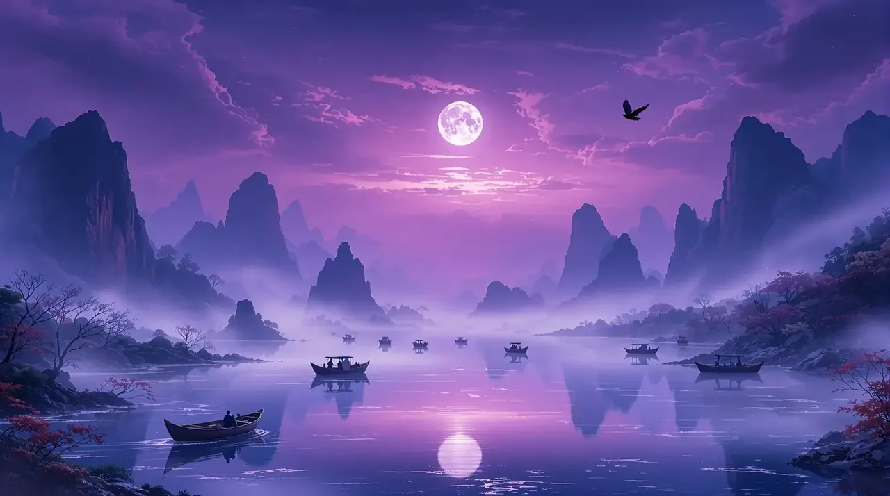 月下新映——薄雾笼罩的月夜山水与一轮明月